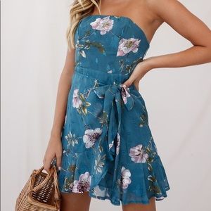 Banksia Bandeau Wrap Dress Floral Print Teal-XS
